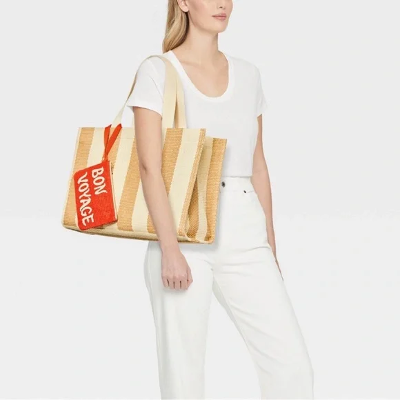 Striped Elevated Straw Tote Handbag with Zip Pouch - A New Day - Picture 2 of 7